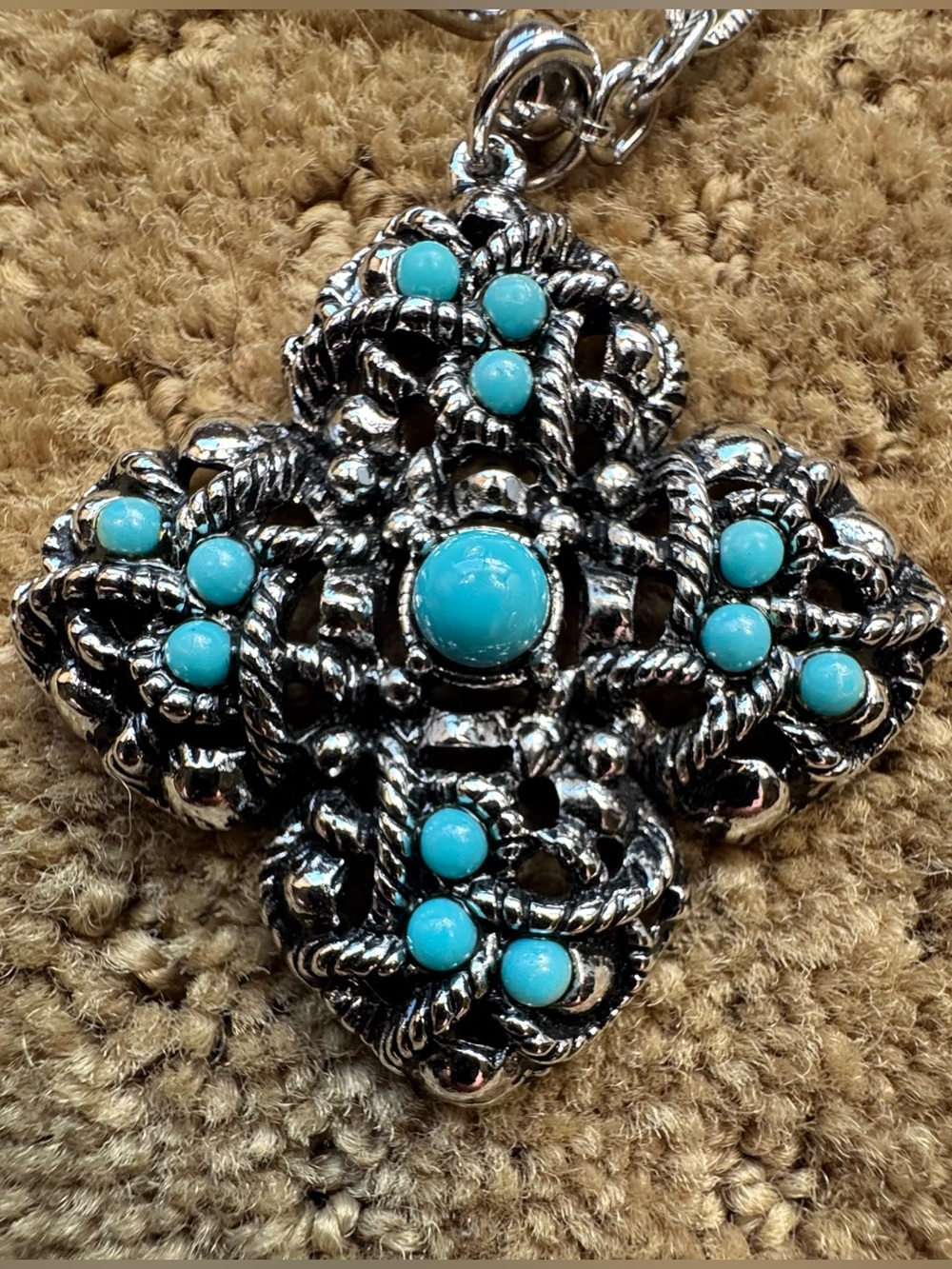 Vintage 1973 Avon "Sierra" Faux Turquoise Cross Pendant Necklace